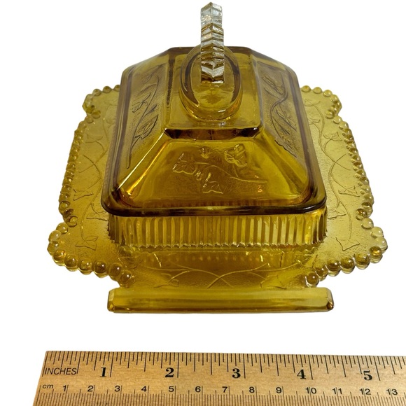 Antique Honey Dish Lid Yellow Glass Co-Operative Flint 1800s Leaf Pattern Pot - Picture 5 of 13